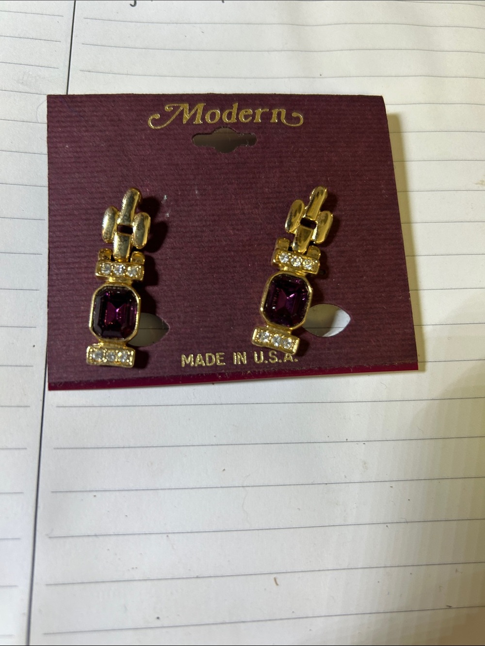 Modern Vintage Gold-Tone Earrings with Purple Stones and Clear Accents